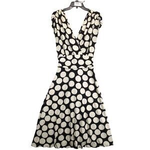 CATO Black Cream Polka Dot Wrap Dress Sz 12 Tie Waist Stretch Midi Pin-Up Chic
